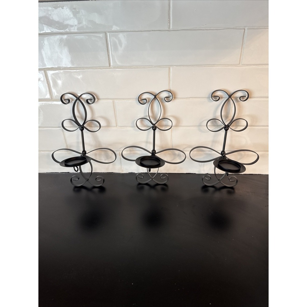 3‎ Iron Wall Sconces Artisanal Scrolled Wall Flat Black Soldered 10"x7"